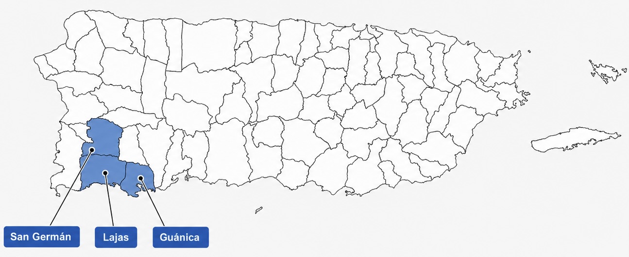 Mapa de ubicación de los proyectos en San Germán, Guánica y Lajas